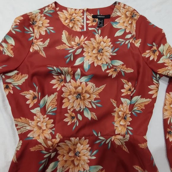 FOREVER 21 RUST WITH TAN AND YELLOW FLORAL PRINT LONG SLEEVE MIDLENGTH DRESS S - Picture 2 of 12